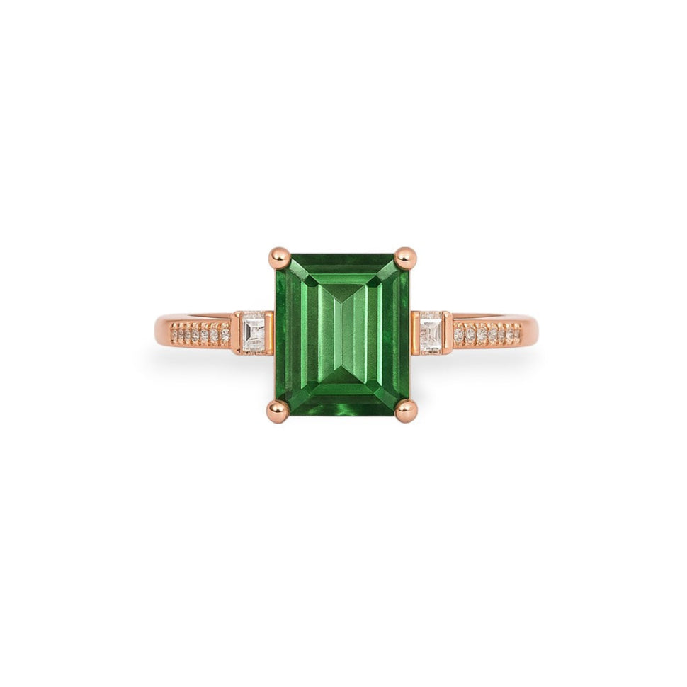 Green-tourmaline-rose-gold-emerald-cut-moissanite-solitaire-engagement-ring